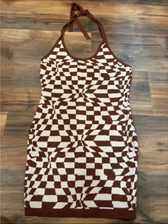 Princess Polly Dresses & Skirts - Princess Polly Brown & Cream Geometric Halter Mini Dress